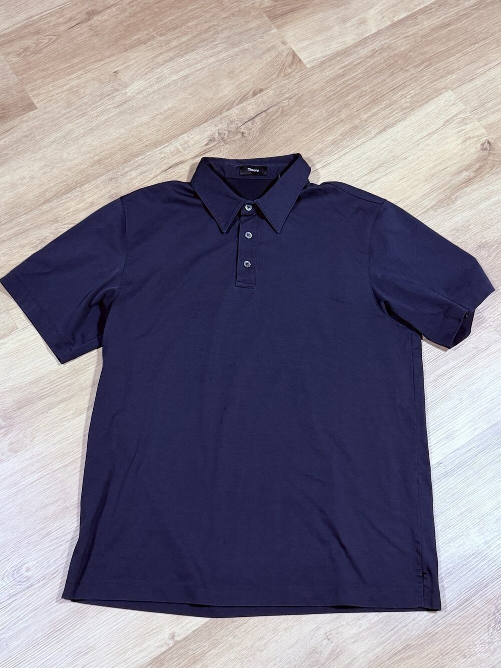 Theory Mens Large Navy Polo Shirt Short Sleeve 3-Button Placket Side Vents